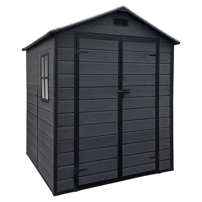 Gerätehaus Nantes 6x6 - Außenmaß inkl. Dachüberstand (B x T): 182 x 182 cm, Kunststoff, Dunkelgrau - Abbildung eines grauen Gartenhauses mit Doppeltür und Fenster. Ideal für die Aufbewahrung von Gartengeräten.