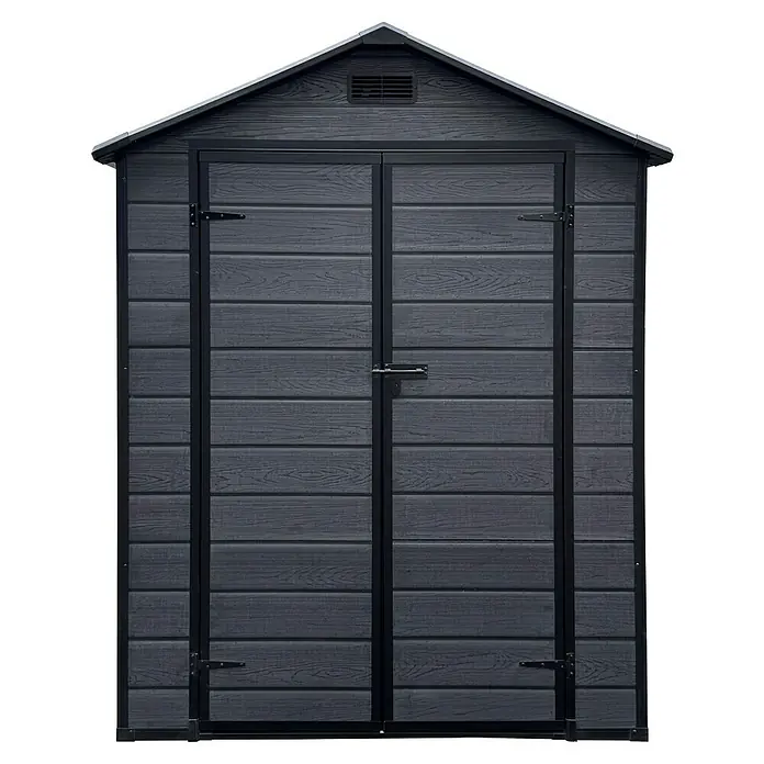 Gerätehaus Nantes 6x6 - Außenmaß inkl. Dachüberstand (B x T): 182 x 182 cm, Kunststoff, Dunkelgrau - Bild eines grauen Kunststoff-Gartenschuppens mit Doppeltür und Giebeldach. Ideal zur Aufbewahrung von Gartengeräten.