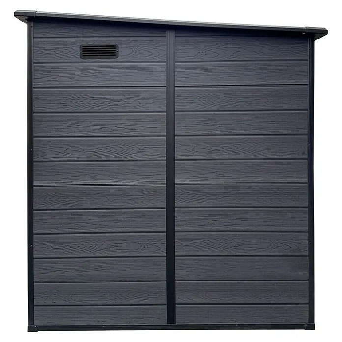 Gerätehaus Brest 6x6 - Außenmaß inkl. Dachüberstand (B x T): 181 x 181 cm, Kunststoff, Dunkelgrau - Eine Nahaufnahme eines grauen Gartenhauses mit horizontaler Holzmaserung und einem kleinen Lüftungsgitter oben links.