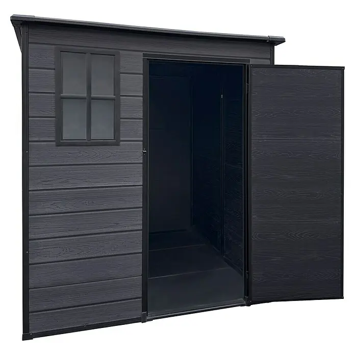 Gerätehaus Brest 6x6 - Außenmaß inkl. Dachüberstand (B x T): 181 x 181 cm, Kunststoff, Dunkelgrau - Offener Gartenschuppen aus Holz mit Fenster. Der dunkle Schuppen bietet viel Stauraum und fügt sich gut in den Garten ein.