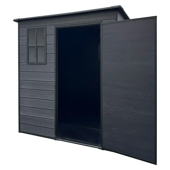 Gerätehaus Brest 6x6 - Außenmaß inkl. Dachüberstand (B x T): 181 x 181 cm, Kunststoff, Dunkelgrau - Grauer Gartenschuppen mit Doppeltür. Der Schuppen bietet viel Stauraum und ist ideal für den Garten.