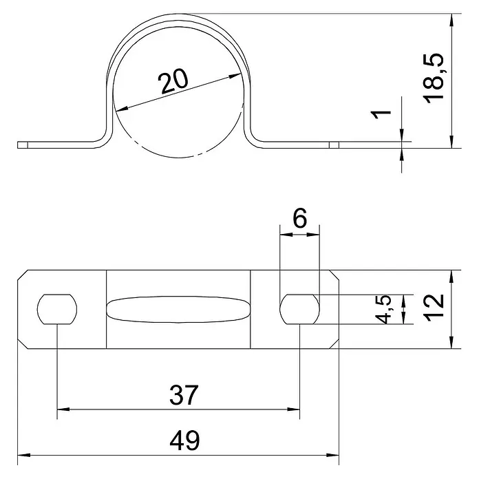 OBO Rohrschelle - EN 20, Silber, Stahl, 25 Stk. - Technische Zeichnung einer Rohrschelle mit Bemaßung. Die Zeichnung zeigt die Abmessungen und Details der Rohrschelle für die Fertigung.