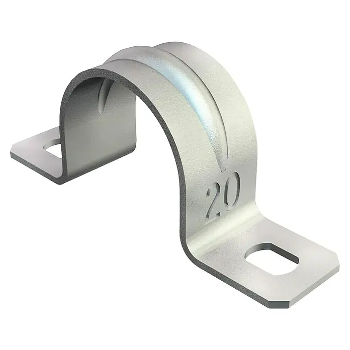OBO Rohrschelle - EN 20, Silber, Stahl, 25 Stk. - Eine Nahaufnahme einer Rohrschelle aus Metall, die eine sichere Befestigung von Rohren und Kabeln ermöglicht, mit der Nummer "20" darauf.