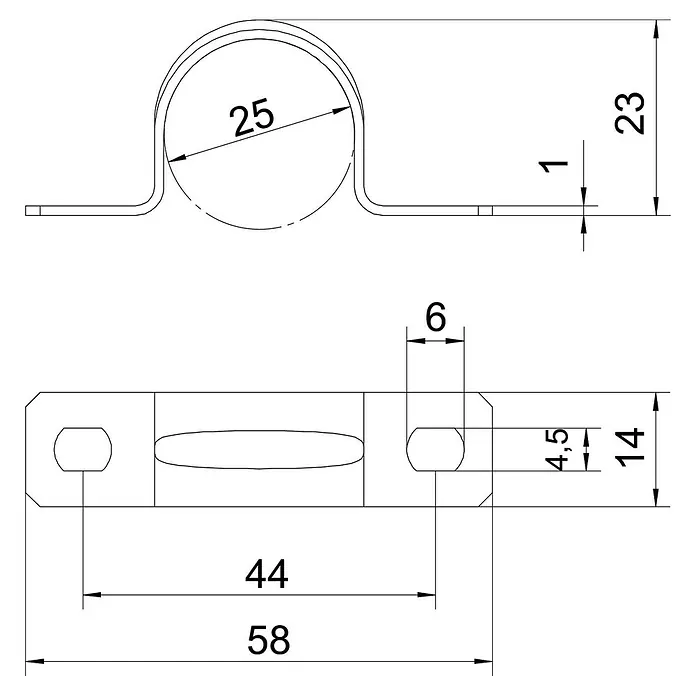 OBO Rohrschelle - EN 25, Silber, Stahl, 25 Stk. - Technische Zeichnung einer Rohrschelle mit Bemaßung. Die Rohrschelle hat einen Durchmesser von 25 mm und eine Gesamthöhe von 23 mm.