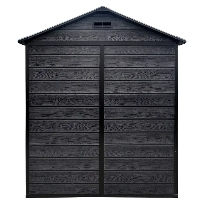 Gerätehaus Nantes 6x6 - Außenmaß inkl. Dachüberstand (B x T): 182 x 182 cm, Kunststoff, Dunkelgrau - Schwarzes Gartenhaus mit horizontaler Holzstruktur und Giebeldach für die Aufbewahrung von Gartengeräten.