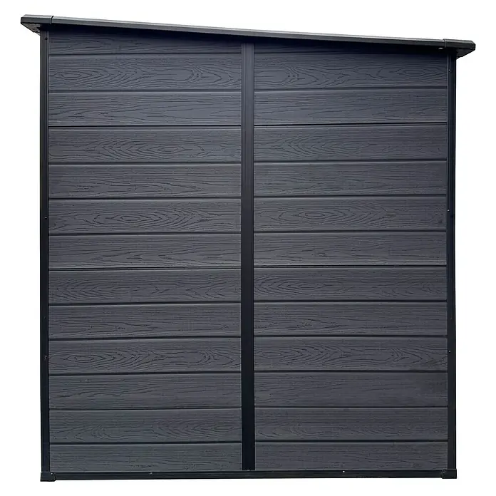 Gerätehaus Brest 6x6 - Außenmaß inkl. Dachüberstand (B x T): 181 x 181 cm, Kunststoff, Dunkelgrau - Nahaufnahme einer modernen, grauen Holzverkleidung mit horizontalen Brettern und elegantem Design für den Außenbereich.