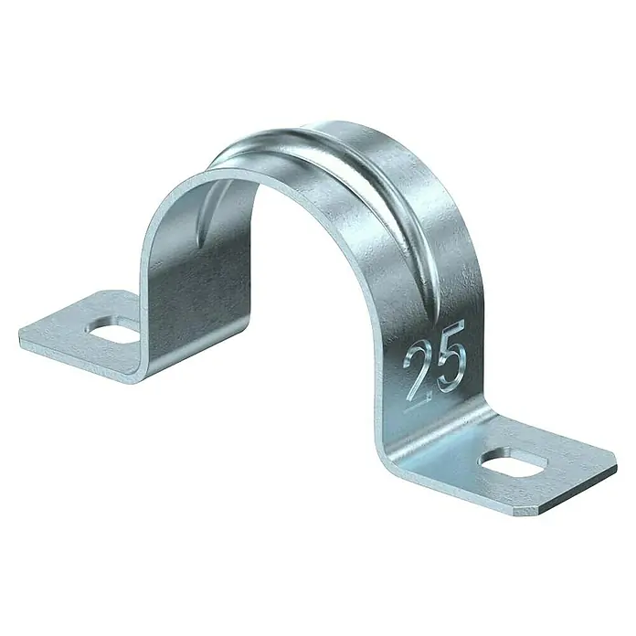 OBO Rohrschelle - EN 25, Silber, Stahl, 25 Stk. - Eine Metallschelle zur Befestigung von Rohren oder Kabeln, mit der Aufschrift "25" zur Größenangabe. Sie bietet eine robuste und sichere Lösung.