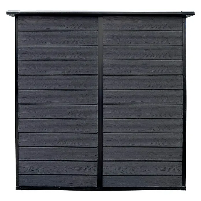 Gerätehaus Brest 6x6 - Außenmaß inkl. Dachüberstand (B x T): 181 x 181 cm, Kunststoff, Dunkelgrau - Schwarze Schiebetüren mit horizontalen Holzpaneelen, ideal für moderne Innenräume und platzsparende Lösungen.