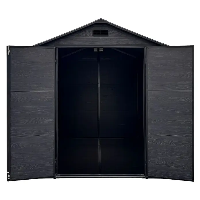 Gerätehaus Nantes 6x6 - Außenmaß inkl. Dachüberstand (B x T): 182 x 182 cm, Kunststoff, Dunkelgrau - Geöffneter Geräteschuppen mit Holzeffekt. Bietet viel Stauraum und Schutz vor Witterungseinflüssen für Gartengeräte und mehr.