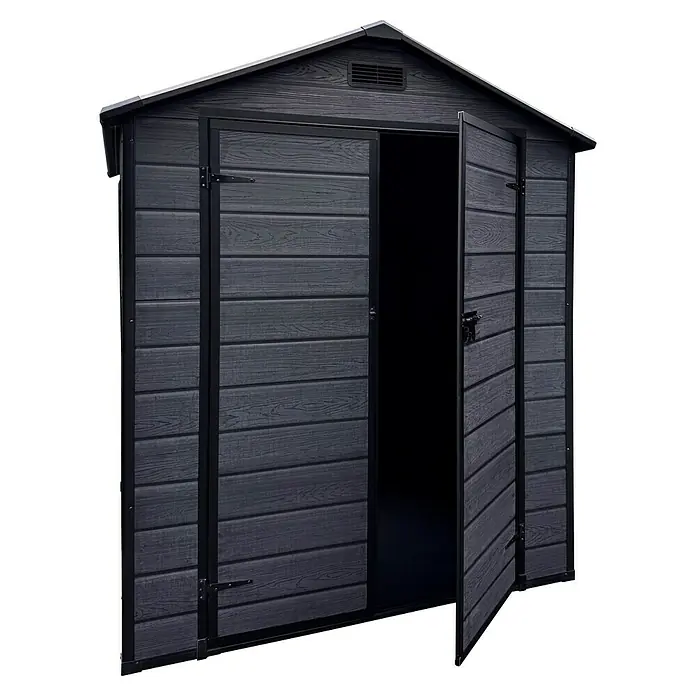 Gerätehaus Nantes 6x6 - Außenmaß inkl. Dachüberstand (B x T): 182 x 182 cm, Kunststoff, Dunkelgrau - Offener, anthrazitfarbener Geräteschuppen mit Doppeltür und horizontaler Holzstruktur bietet viel Stauraum für Gartenutensilien und Werkzeuge.