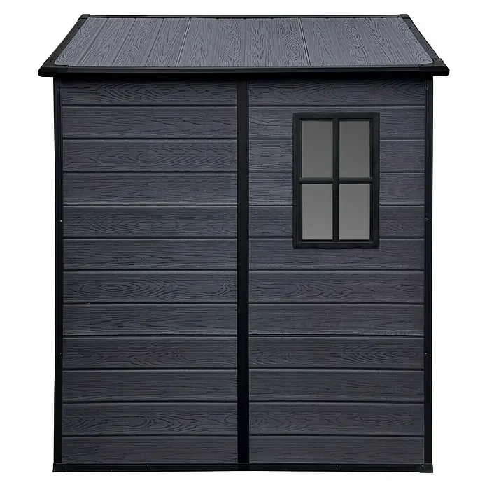 Gerätehaus Nantes 6x6 - Außenmaß inkl. Dachüberstand (B x T): 182 x 182 cm, Kunststoff, Dunkelgrau - Bild eines grauen Gerätehauses mit einem kleinen Fenster. Ideal für die Aufbewahrung von Gartengeräten.