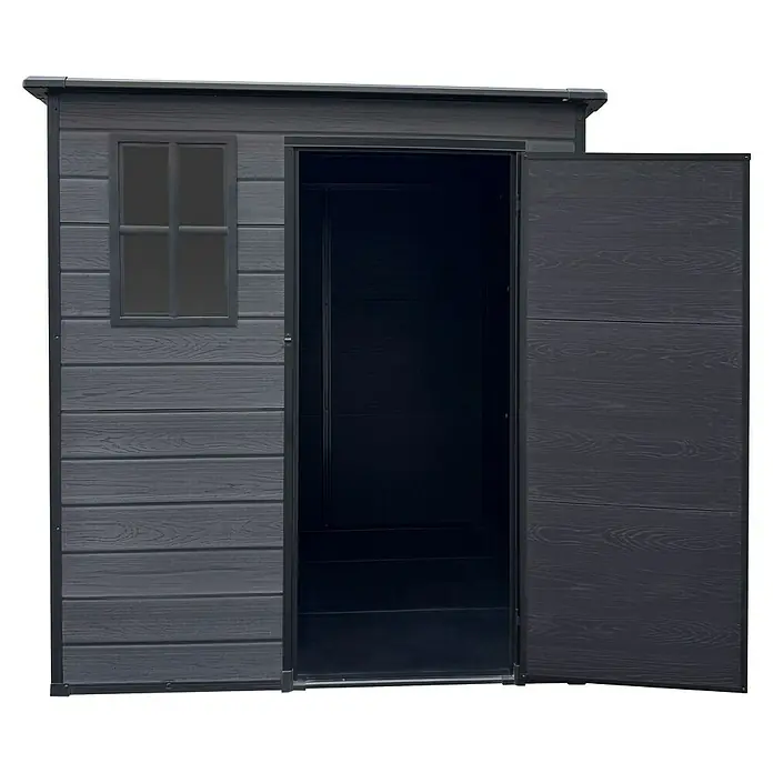 Gerätehaus Brest 6x6 - Außenmaß inkl. Dachüberstand (B x T): 181 x 181 cm, Kunststoff, Dunkelgrau - Ein graues Gartenhaus mit geöffneter Tür und einem kleinen Fenster, ideal zur Aufbewahrung von Gartengeräten und -möbeln.
