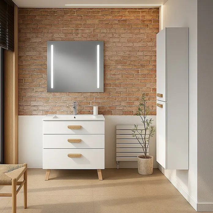 Conjunto de mueble de baño Danubio con lavabo Spectra - Blanco/Roble, 3 pzs. - Cuarto de baño moderno con mueble de lavabo blanco, espejo iluminado y columna blanca sobre pared de ladrillo.