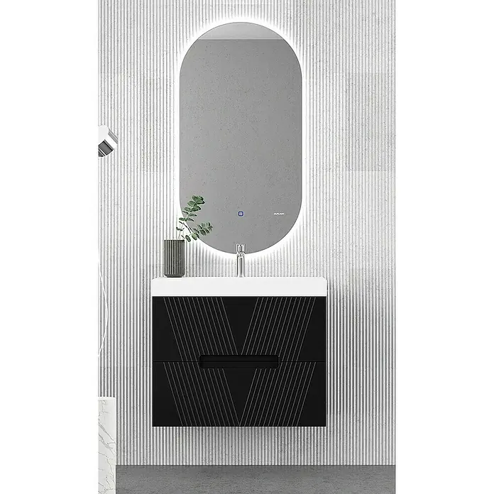 Duplach Mueble bajo de lavabo Istor - L x An x Al: 45 x 60 x 60 cm, Negro - Un moderno conjunto de baño con mueble de lavabo negro y espejo ovalado con iluminación LED.