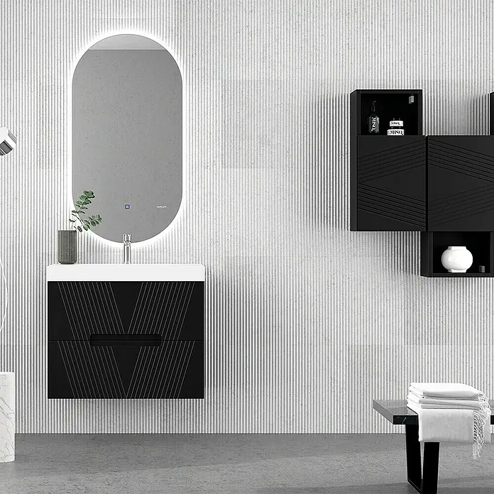 Duplach Mueble bajo de lavabo Istor - L x An x Al: 45 x 60 x 60 cm, Negro - Diseño moderno de baño con mueble de lavabo, espejo y armarios de pared negros contra una pared texturizada.