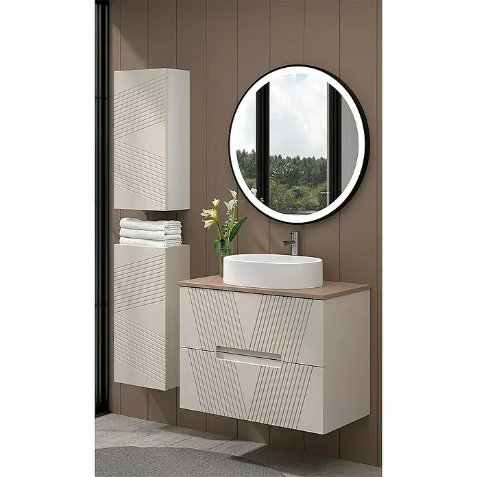 Duplach Mueble bajo de lavabo Istor - L x An x Al: 45 x 60 x 60 cm, Beige - Lavabo de baño moderno con espejo y armario en beige y marrón para un ambiente elegante.