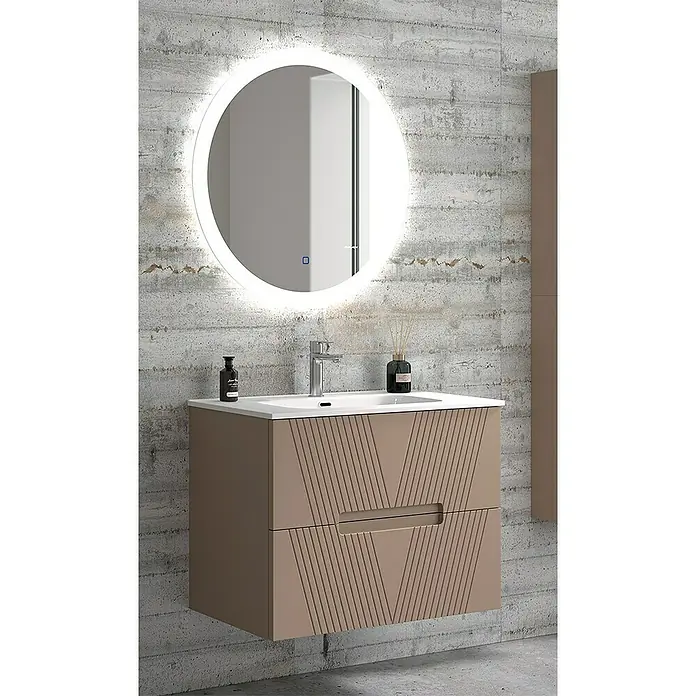 Duplach Mueble bajo de lavabo Istor - L x An x Al: 45 x 60 x 60 cm, Moka - Instalación de baño con un mueble bajo marrón y un espejo redondo con iluminación, colgado sobre un lavabo.