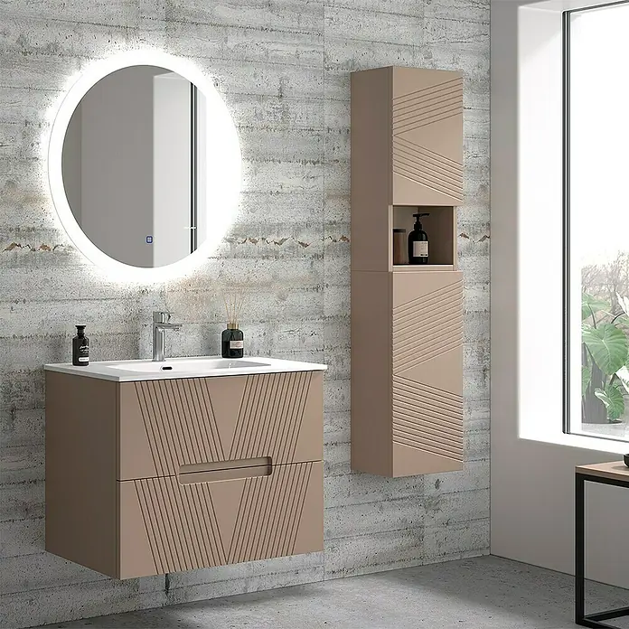 Duplach Mueble bajo de lavabo Istor - L x An x Al: 45 x 60 x 60 cm, Moka - Moderno conjunto de baño con mueble bajo lavabo, espejo y armario colgante en beige con líneas geométricas.