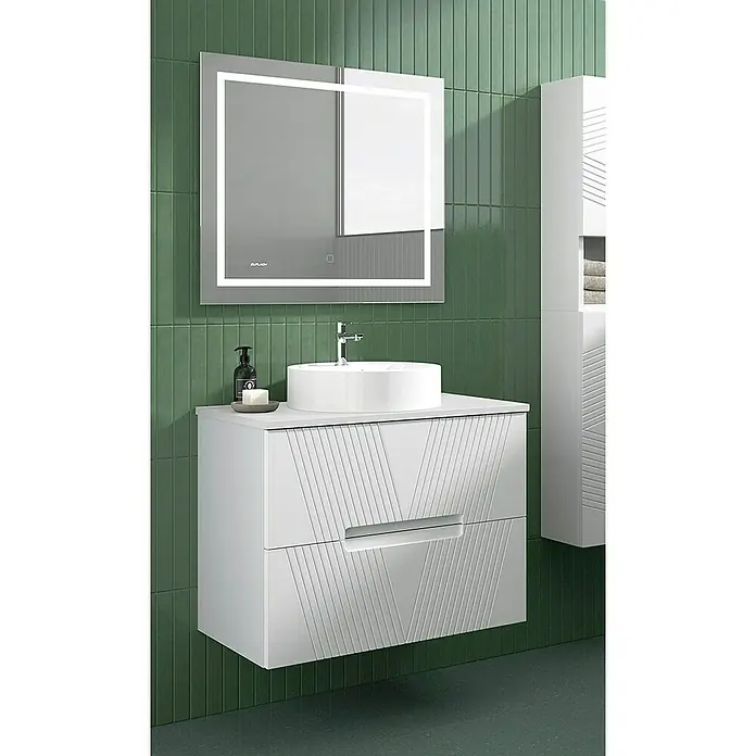 Duplach Mueble bajo de lavabo Istor - L x An x Al: 45 x 60 x 60 cm, Blanco - Elegante mueble de baño con lavabo y espejo. Diseño moderno complementado con azulejos verdes y un lavabo minimalista.