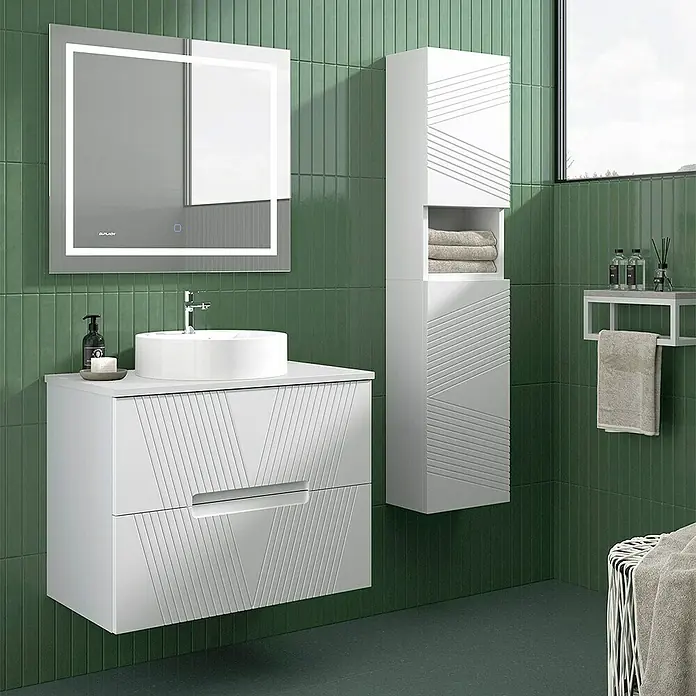 Duplach Mueble bajo de lavabo Istor - L x An x Al: 45 x 60 x 60 cm, Blanco - Elegante conjunto de baño con mueble de lavabo blanco y armario de pared a juego, complementado con un espejo moderno con iluminación.