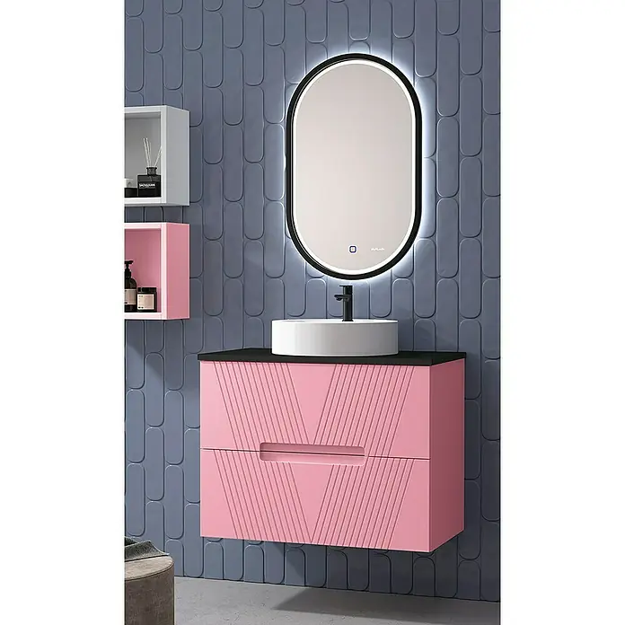 Duplach Mueble bajo de lavabo Istor - L x An x Al: 45 x 60 x 60 cm, Rosa - Mueble de baño rosa con lavabo y espejo con iluminación LED. El mueble tiene un diseño moderno y elegante.