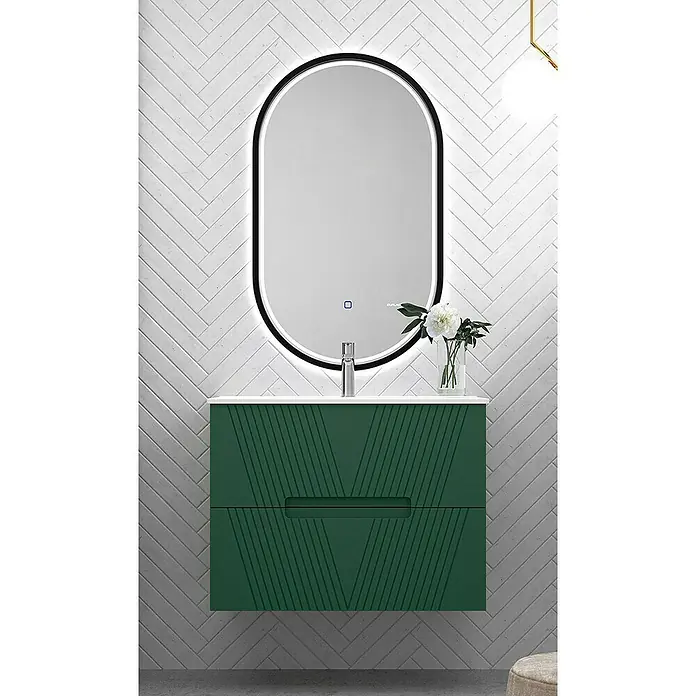 Duplach Mueble bajo de lavabo Istor - L x An x Al: 45 x 100 x 60 cm, Oliva - Elegante conjunto de baño con mueble bajo verde oscuro y espejo ovalado con iluminación integrada. Muebles de baño modernos para baños elegantes.