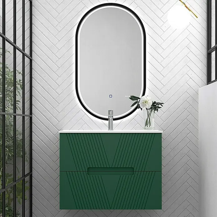 Duplach Mueble bajo de lavabo Istor - L x An x Al: 45 x 100 x 60 cm, Oliva - Elegante conjunto de baño con un mueble de lavabo verde de diseño moderno y espejo ovalado con iluminación integrada para un toque de estilo.