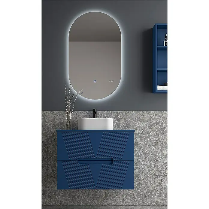 Duplach Mueble bajo de lavabo Istor - L x An x Al: 45 x 60 x 60 cm, Oceano - Elegante conjunto de baño con mueble de lavabo azul, lavabo sobre encimera y espejo iluminado para un aspecto moderno y elegante.