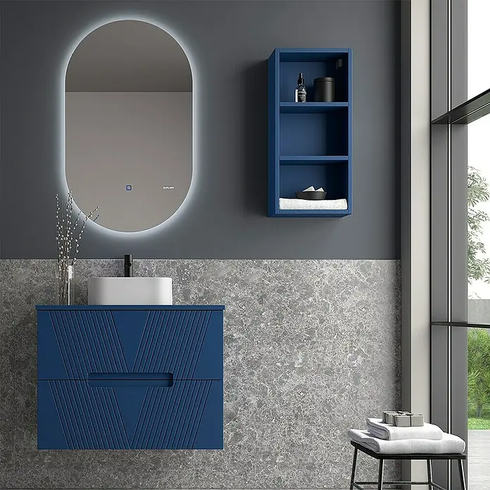 Duplach Mueble bajo de lavabo Istor - L x An x Al: 45 x 60 x 60 cm, Oceano - Interior de baño moderno con tocador azul, armario con espejo y espejo iluminado. Diseño elegante para un baño elegante.