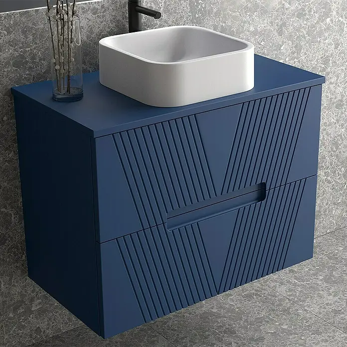 Duplach Mueble bajo de lavabo Istor - L x An x Al: 45 x 60 x 60 cm, Oceano - Lavabo de baño moderno azul marino con poza cuadrada y un diseño de líneas verticales distintivo en los frentes de los cajones.