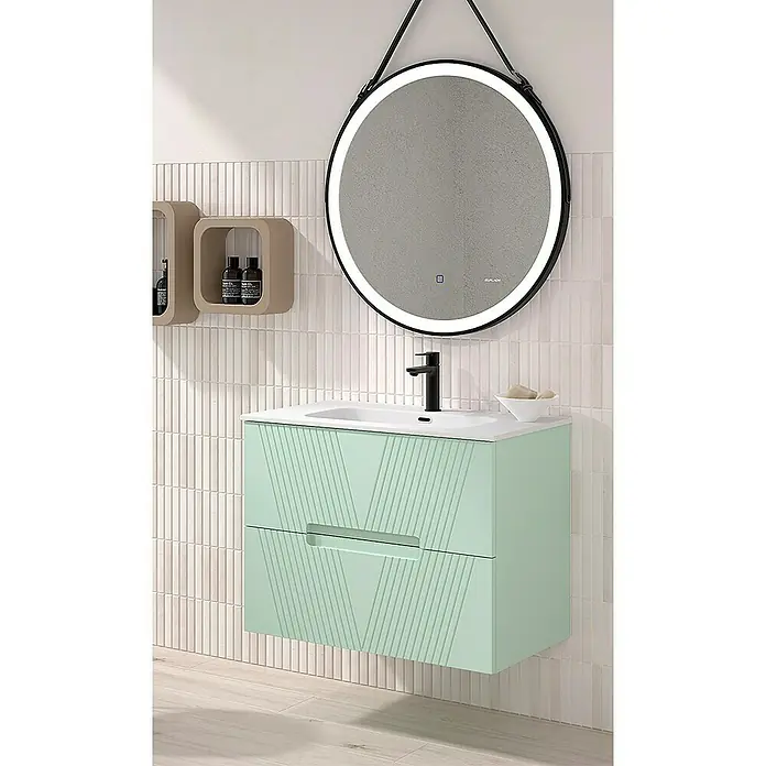 Duplach Mueble bajo de lavabo Istor - L x An x Al: 45 x 100 x 60 cm, Menta - Baño moderno con mueble de lavabo verde menta, espejo redondo y estantes beige. El mueble de lavabo es un verdadero atractivo visual.