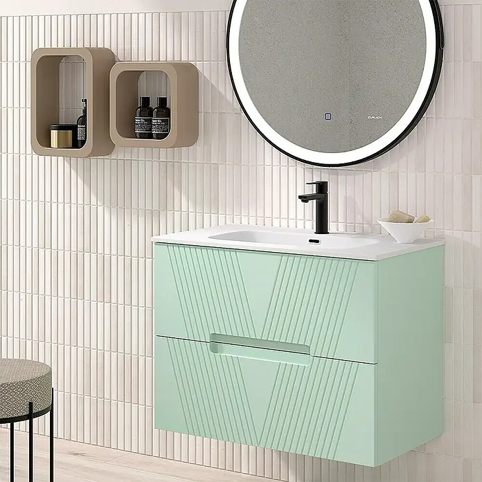 Duplach Mueble bajo de lavabo Istor - L x An x Al: 45 x 100 x 60 cm, Menta - Baño moderno con mueble de lavabo verde menta, espejo redondo y estantes. La atención se centra en el elegante lavabo.