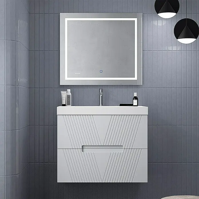 Duplach Mueble bajo de lavabo Istor - L x An x Al: 45 x 100 x 60 cm, Gris - Elegante baño con espejo LED y moderno mueble de lavabo blanco con diseño gráfico, creando un ambiente sofisticado.