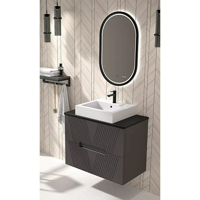 Duplach Mueble bajo de lavabo Istor - L x An x Al: 45 x 60 x 60 cm, Antracita - Baño moderno con lavabo, mueble con cajones y espejo con iluminación LED. Diseño elegante para un ambiente elegante y funcional.