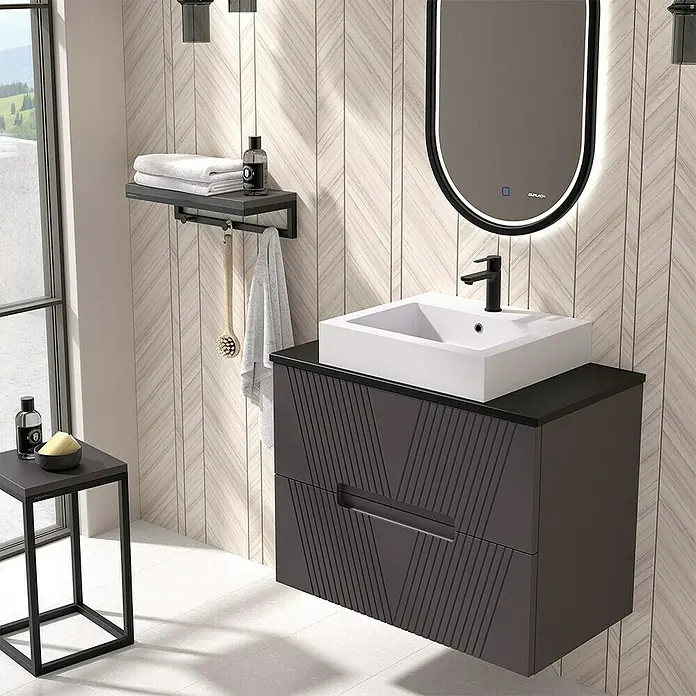 Duplach Mueble bajo de lavabo Istor - L x An x Al: 45 x 60 x 60 cm, Antracita - Interior de baño con un moderno tocador con cajones, un lavabo cuadrado y un espejo iluminado.