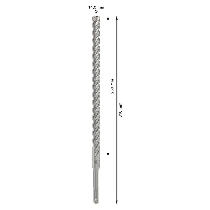 Bosch Beton- & Steinbohrer PRO SDS plus-5X - Durchmesser Bohrer: 14 mm, 1 Stk. - Nahaufnahme eines Steinbohrers mit spiralförmigen Schneiden und der Aufschrift "14" am Schaft. Ideal für präzise Bohrungen in Stein und Mauerwerk.