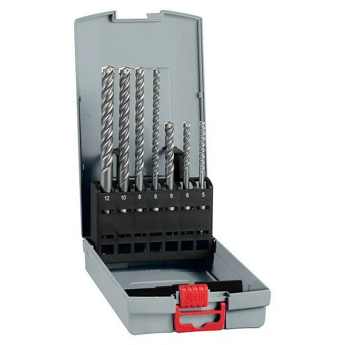 Bosch Bohrer-Set SDS Plus-5X - 7 -tlg. - Bohrer-Set in einem grauen Koffer mit rotem Verschluss. Das Set beinhaltet verschiedene Größen für Steinbohrarbeiten.