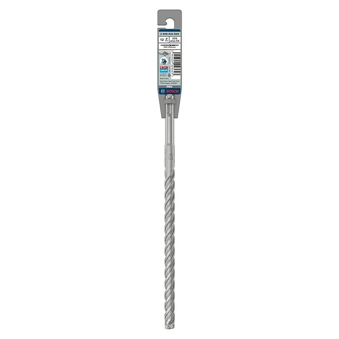 Bosch Beton- & Steinbohrer PRO SDS plus-5X - 1 Stk., Durchmesser Bohrer: 12 mm, Arbeitslänge: 200 mm - Abbildung eines Bosch 12 mm SDS plus-5X Hammerbohrers mit einer Länge von 200-260 mm, ideal zum Bohren in Beton und Mauerwerk.