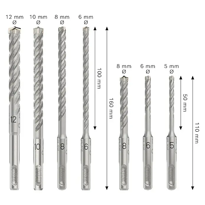 Bosch Bohrer-Set SDS Plus-5X - 7 -tlg. - Ein Set von Bohrern in verschiedenen Größen (12, 10, 8, 6, 5) für den Einsatz mit Schlagbohrmaschinen, ideal für Arbeiten in Mauerwerk und Beton.