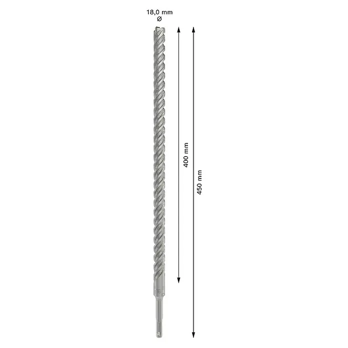 Bosch Beton- & Steinbohrer PRO SDS plus-5X - 1 Stk., Durchmesser Bohrer: 18 mm, Arbeitslänge: 400 mm - Nahaufnahme eines grauen Betonbohrers mit spiralförmigen Rillen, ideal für präzise Bohrarbeiten in harten Materialien, im Detail.