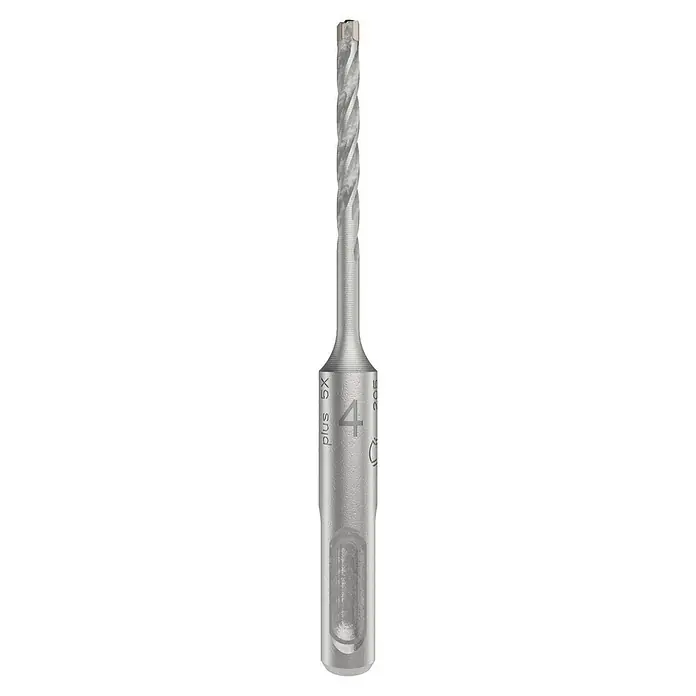 Bosch Beton- & Steinbohrer PRO SDS plus-5X - 1 Stk., Durchmesser Bohrer: 4 mm, Arbeitslänge: 50 mm - Nahaufnahme eines silberfarbenen Forstnerbohrers, der für präzise Holzarbeiten entwickelt wurde und eine glatte Oberfläche erzeugt.