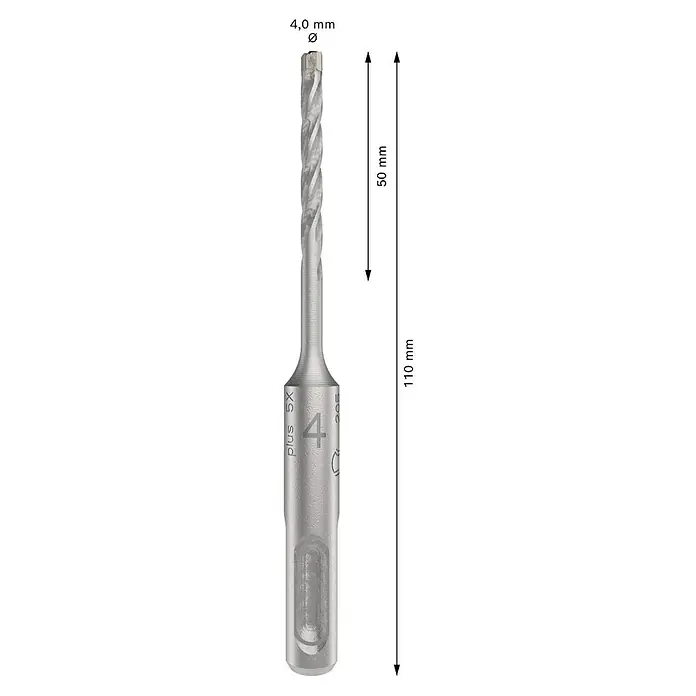 Bosch Beton- & Steinbohrer PRO SDS plus-5X - 1 Stk., Durchmesser Bohrer: 4 mm, Arbeitslänge: 50 mm - Ein SDS plus 5X Hammerbohrer mit 4 mm Durchmesser, ideal für präzise Bohrungen in Beton und Mauerwerk.