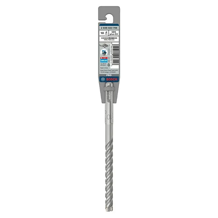 Bosch Beton- & Steinbohrer PRO SDS plus-5X - 1 Stk., Durchmesser Bohrer: 10 mm, Arbeitslänge: 100 mm - Nahaufnahme eines Bosch SDS plus-5X Bohrers mit einer Länge von 160 mm und einem Durchmesser von 10 mm in Originalverpackung.