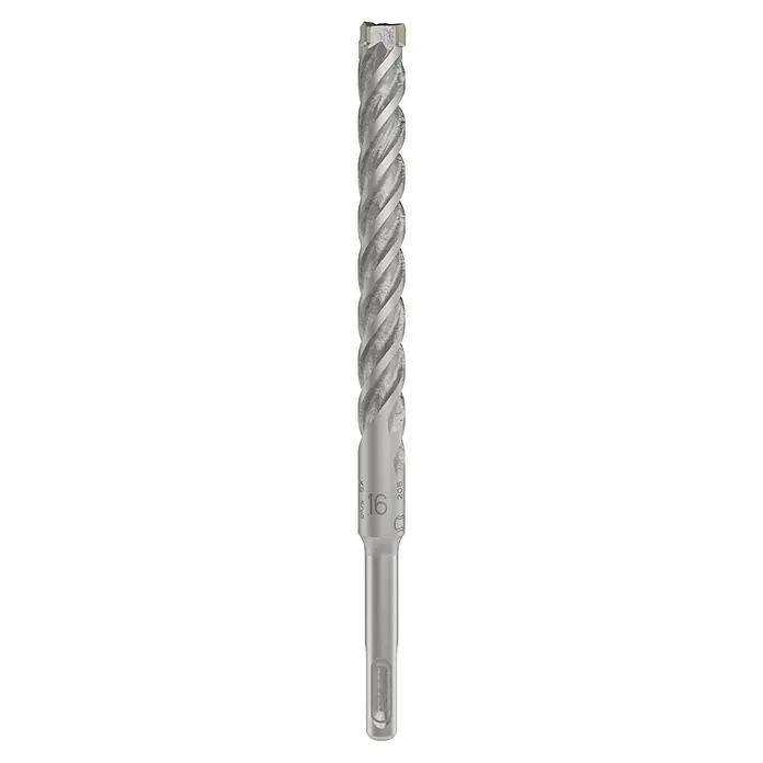 Bosch Beton- & Steinbohrer PRO SDS plus-5X - 1 Stk., Durchmesser Bohrer: 16 mm, Arbeitslänge: 150 mm - Ein Spiralbohrer aus Metall. Das Werkzeug verfügt über eine spiralförmige Schneide und eine zylindrische Basis mit Größenangaben.