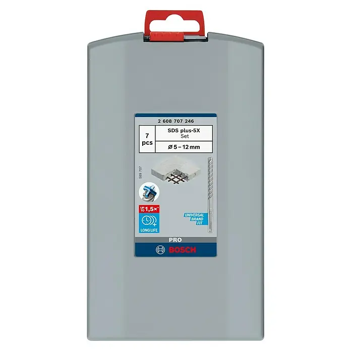 Bosch Bohrer-Set SDS Plus-5X - 7 -tlg. - Eine graue Bosch SDS plus-5X Bohrer-Set-Box, die sieben Bohrer mit einem Durchmesser von 5-12 mm enthält, für professionelle Anwendungen.