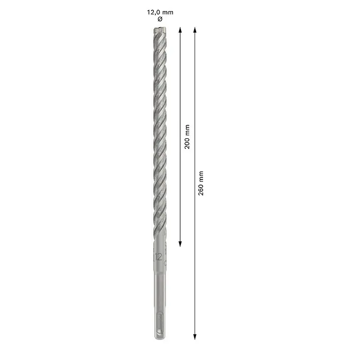 Bosch Beton- & Steinbohrer PRO SDS plus-5X - 1 Stk., Durchmesser Bohrer: 12 mm, Arbeitslänge: 200 mm - Nahaufnahme eines 12mm Spiralbohrers mit spiralförmigen Nuten, ideal für präzise Bohrarbeiten in verschiedenen Materialien.