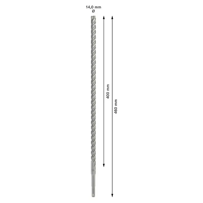 Bosch Beton- & Steinbohrer PRO SDS plus-5X - 1 Stk., Durchmesser Bohrer: 14 mm, Arbeitslänge: 400 mm - Ein Spiralbohrer mit gut sichtbarer Spiralstruktur vor dunklem Hintergrund, ideal zum Bohren von harten Materialien.