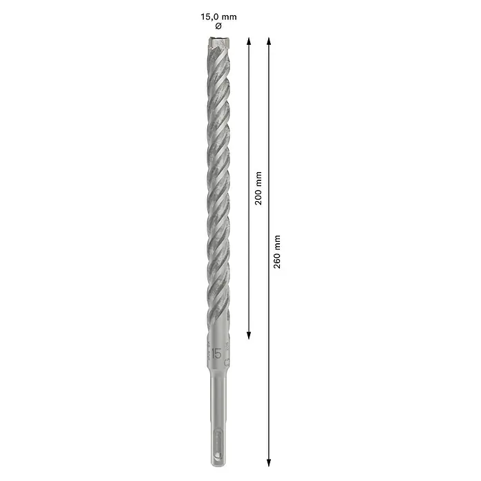 Bosch Beton- & Steinbohrer PRO SDS plus-5X - 1 Stk., Durchmesser Bohrer: 15 mm, Arbeitslänge: 200 mm - Der Betonbohrer verfügt über eine robuste Wendel für effizientes Bohren und ist mit gut lesbaren Größenangaben versehen.