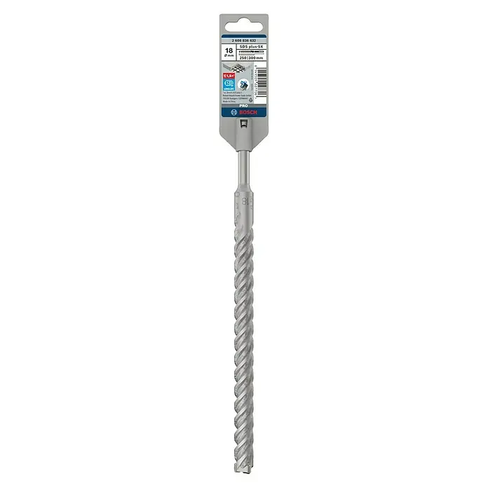 Bosch Beton- & Steinbohrer PRO SDS plus-5X - 1 Stk., Durchmesser Bohrer: 18 mm, Arbeitslänge: 250 mm - Ein 18 mm Bosch SDS plus-5X Hammerbohrer mit einer Länge von 250/300 mm, ideal zum Bohren in Beton und Mauerwerk, verpackt in einer Blisterpackung.