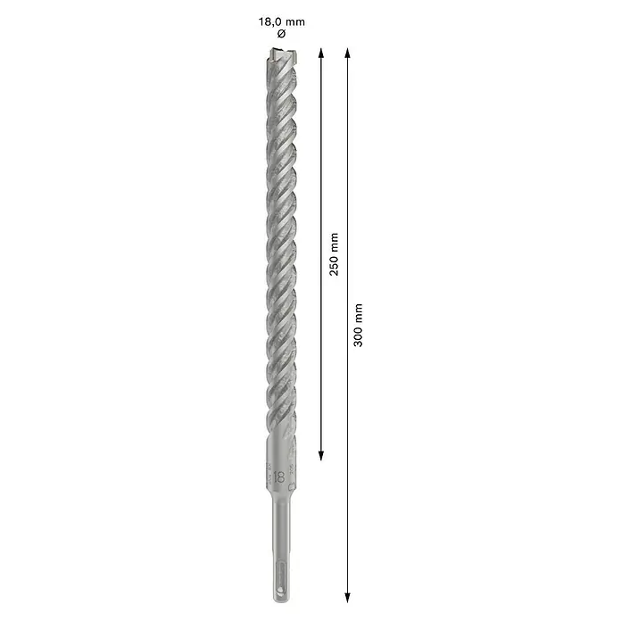 Bosch Beton- & Steinbohrer PRO SDS plus-5X - 1 Stk., Durchmesser Bohrer: 18 mm, Arbeitslänge: 250 mm - Nahaufnahme eines Wendelgewindebohrers, der durch seine spiralförmige Schneide und Präzision für effiziente Materialbearbeitung sorgt.